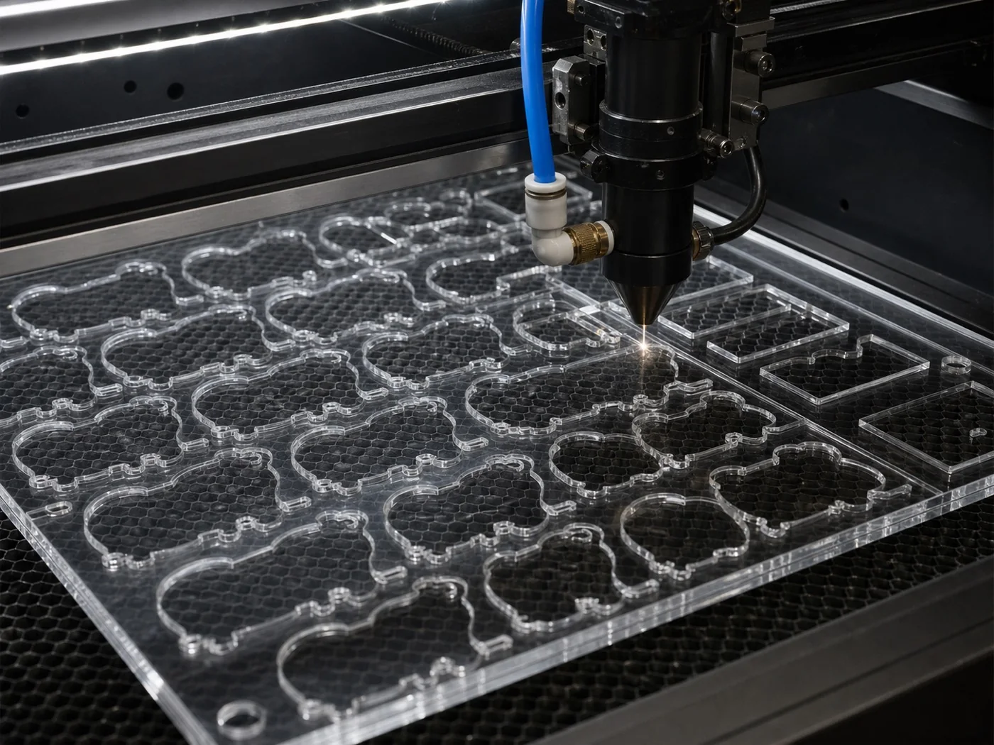 Laser cutting machine chamber processing a transparent acrylic sheet with precise contour paths