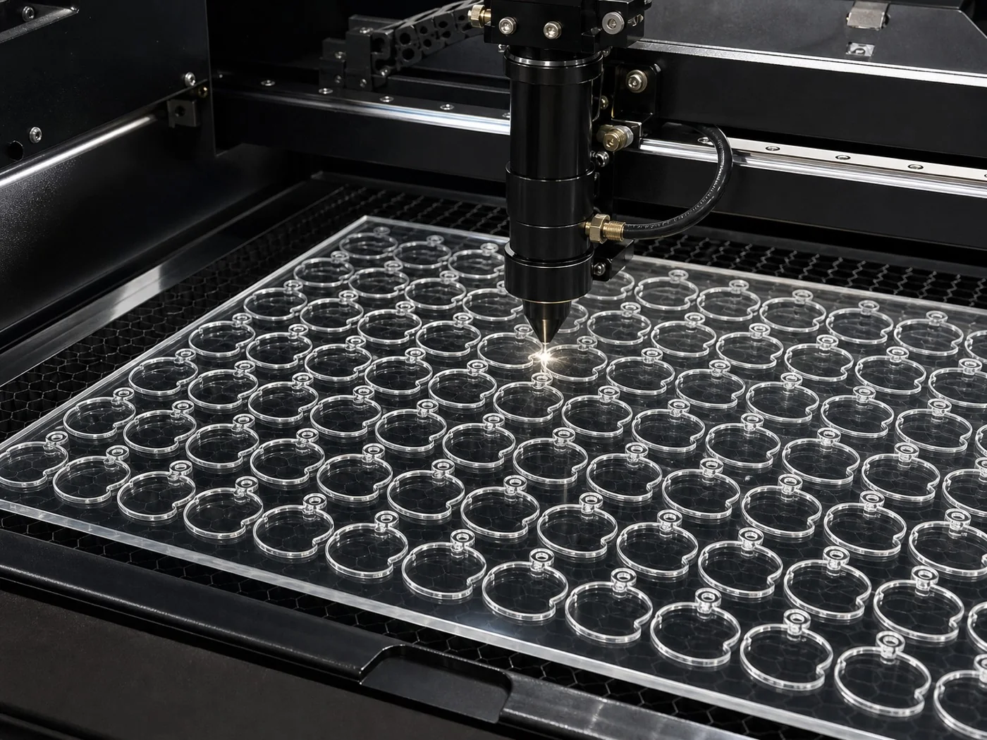 Batch laser cutting repeated transparent acrylic parts from one sheet