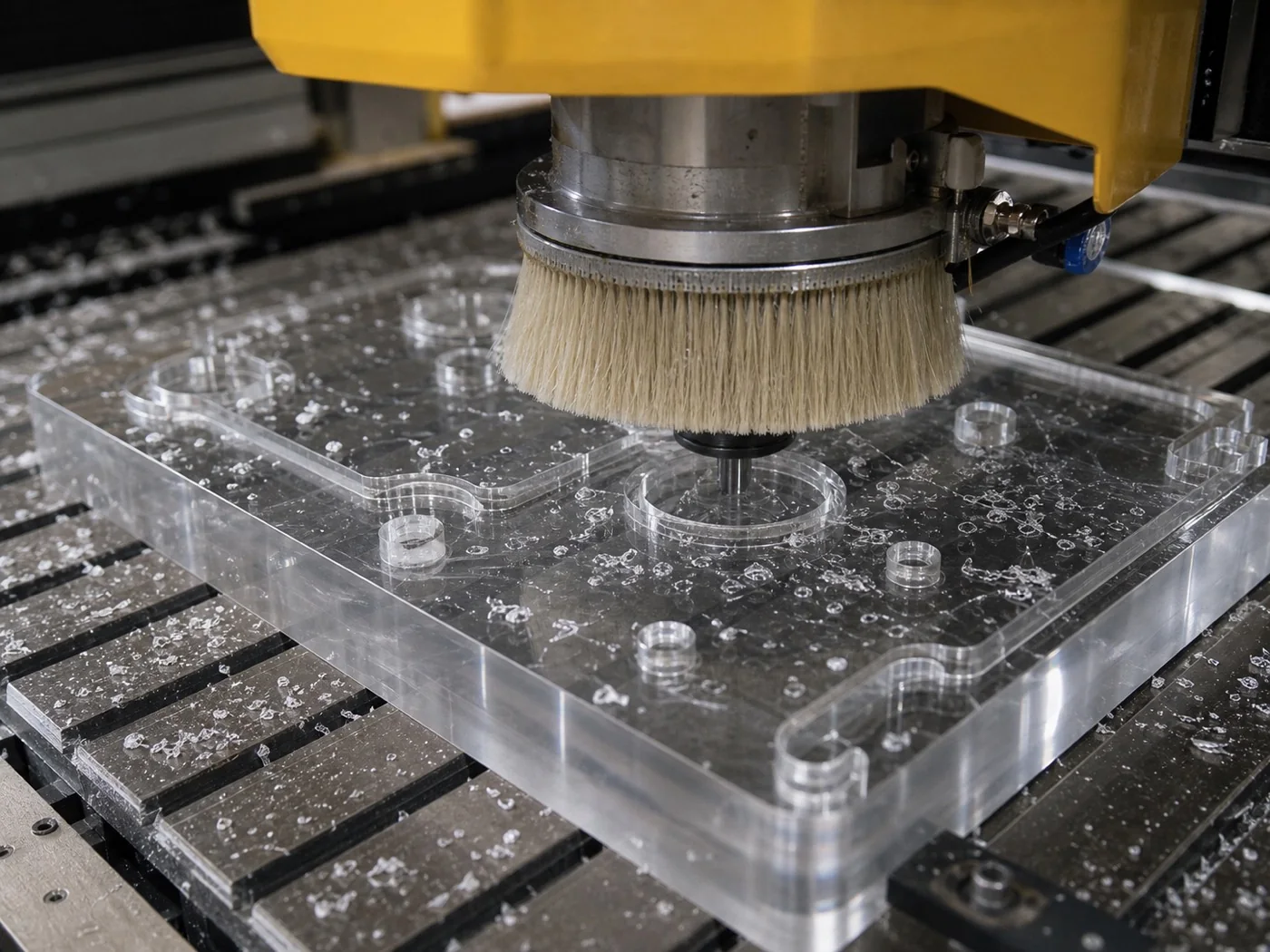 CNC machining thick transparent acrylic plate with holes and grooves