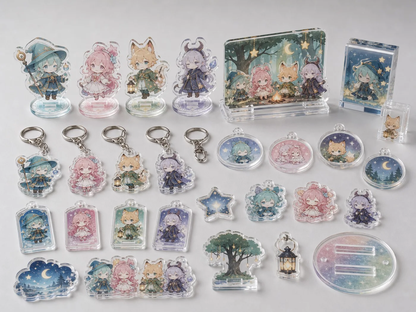 Original IP acrylic keychains, stands, charms, and sample blocks in one product collection