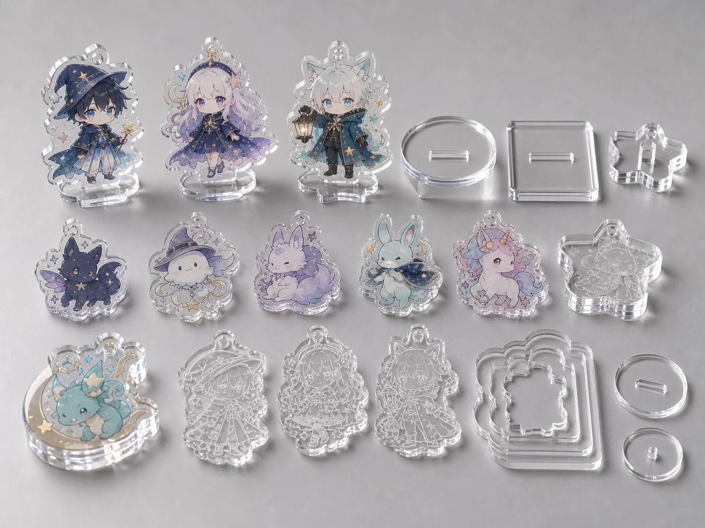 Original IP acrylic samples with laser engraving, contour cutting, holes, and thickness examples