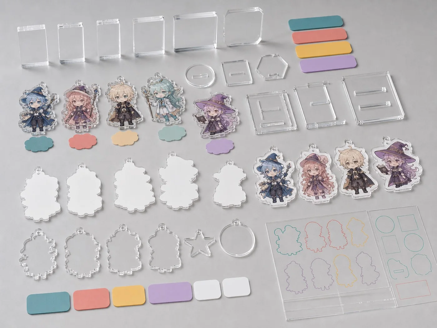 Specification samples for original IP acrylic goods showing thickness, holes, white backing, and base fit