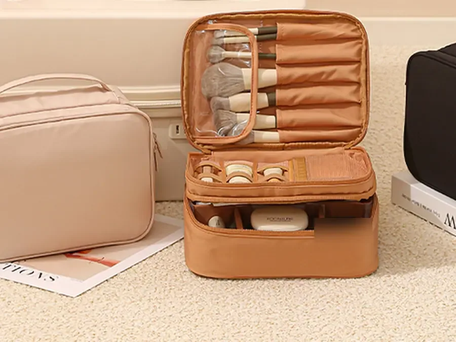 Lifestyle merchandise material planning Lifestyle merchandise planning with pouches organizers stationery and material swatches