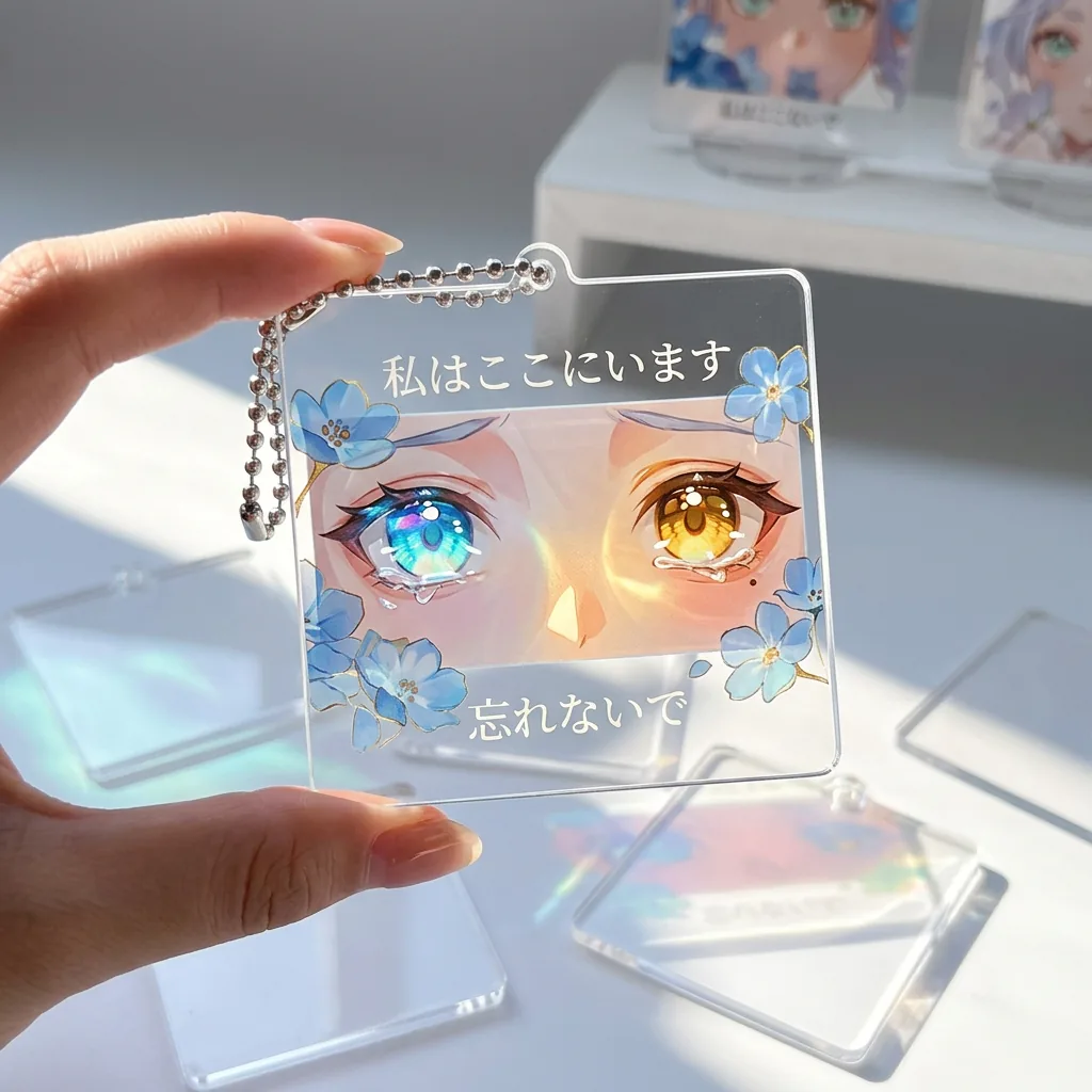 Light-through acrylic charm sample showing transparent window and reflection