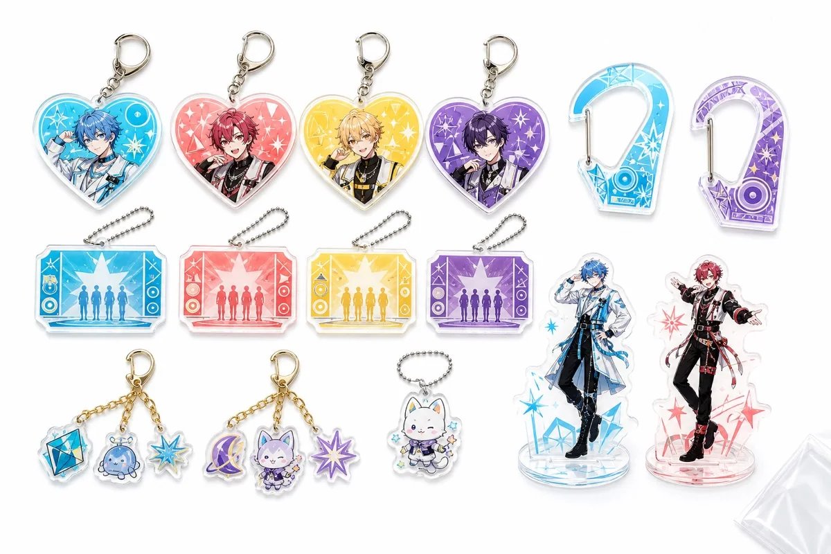 OEM product lineup example for live merch including heart keychains, acrylic stands, carabiner clips, and linked charms