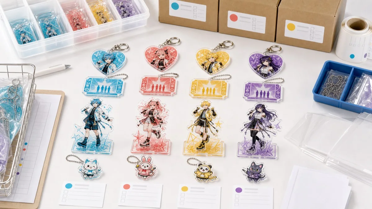 SKU control and carton label check image for live merch acrylic goods sorted by member color