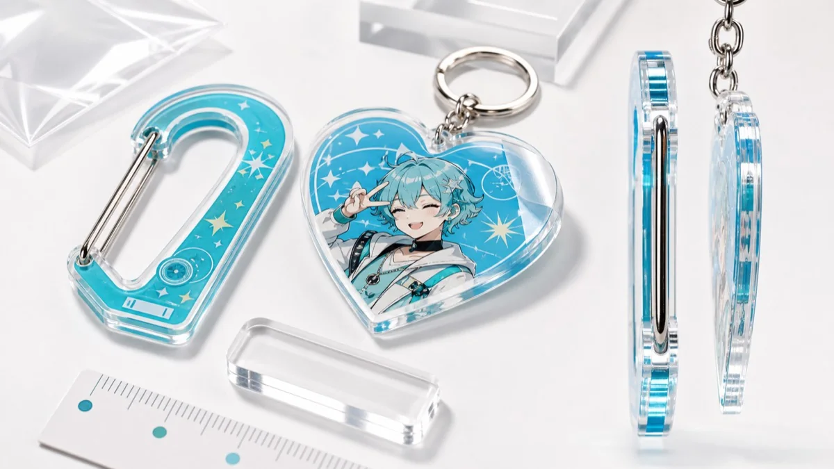 Inspection image for clear acrylic thickness, edges, hardware, and print layers for live merch acrylic goods