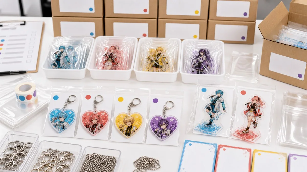 OPP individual packaging, backing card, color sorting, and venue delivery preparation for live merch acrylic goods