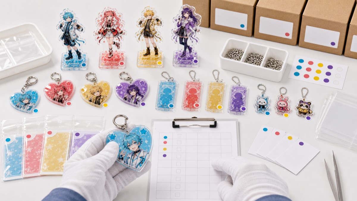 ライブ物販アクリルグッズの端面、印刷、金具、数量を出荷前に検品するイメージ