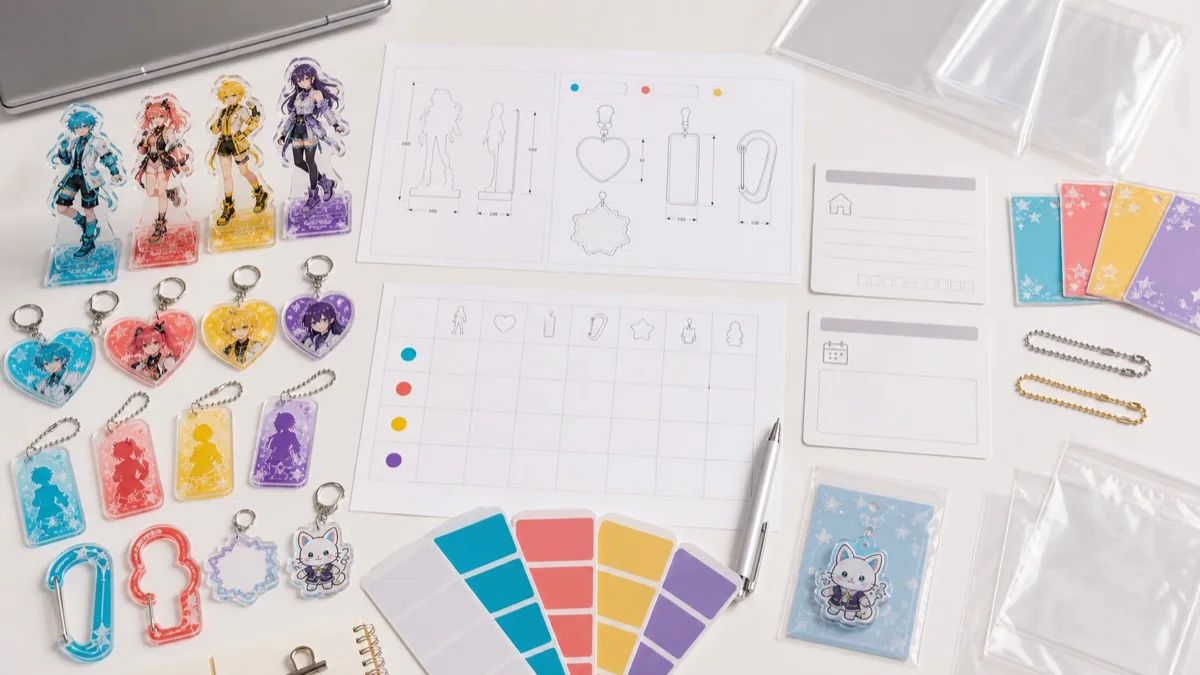 Preparation image for size drawings, quantity sheets, delivery information, and packaging samples needed before quoting live merch acrylic goods OEM