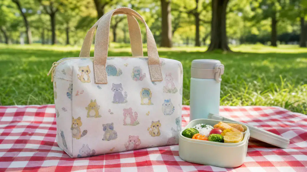 ランチトートバッグOEMのピクニック使用シーン・弁当箱・ボトル収納サンプル