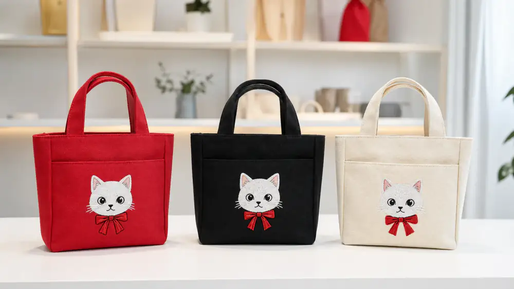 ランチトートバッグOEMの色展開・前ポケット・猫刺繍SKUサンプル