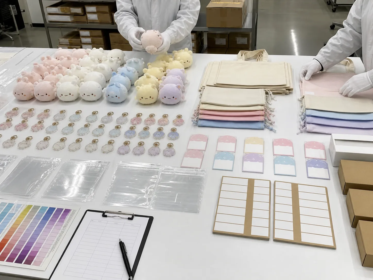 ぬいぐるみ・アクリルチャーム・巾着・包装資材をSKU別に確認する多品目OEM検品台