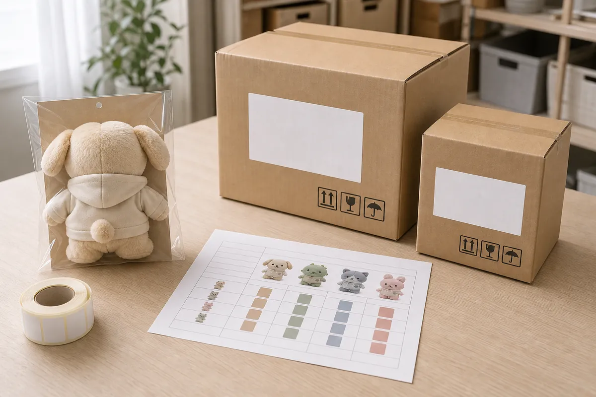 Custom plush unit packaging, SKU allocation sheet, and carton label plan