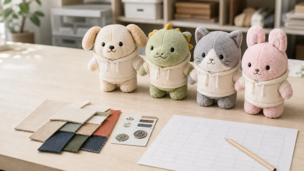 多SKUのぬいぐるみOEMで使用する4種類のサンプルと生地・数量表