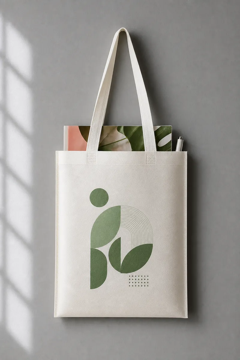 White flat non-woven exhibition tote holding A4 brochures and a pen