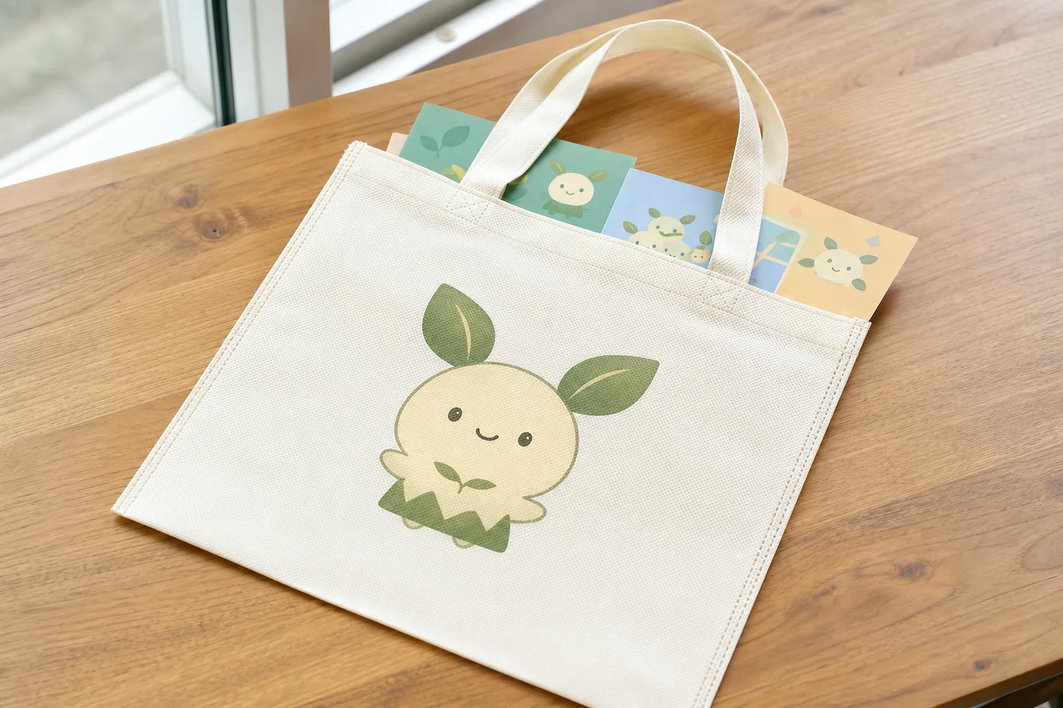 A4資料とオリジナルIPキャラクターを印刷した白いフラット不織布バッグ