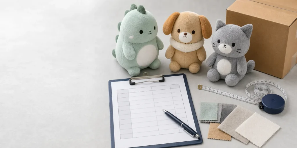 ぬいぐるみサンプルと比較表、普通の巻尺、梱包箱を並べたOEM会社比較
