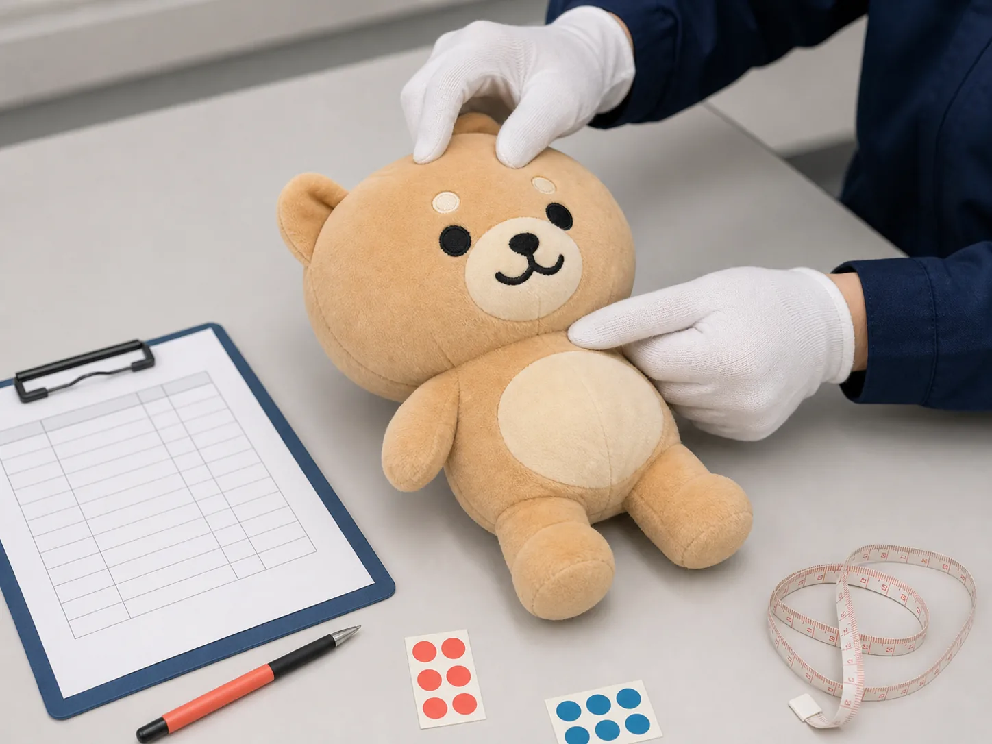 白手袋でぬいぐるみの縫製と中綿バランスを確認する出荷前検品