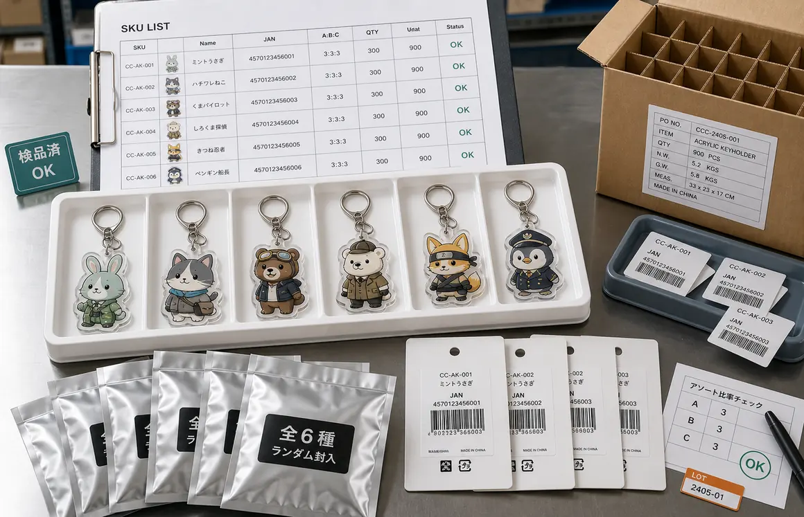 多SKUのアクリルキーホルダー、銀袋、SKUリスト、背面JANラベルを並べた包装管理イメージ
