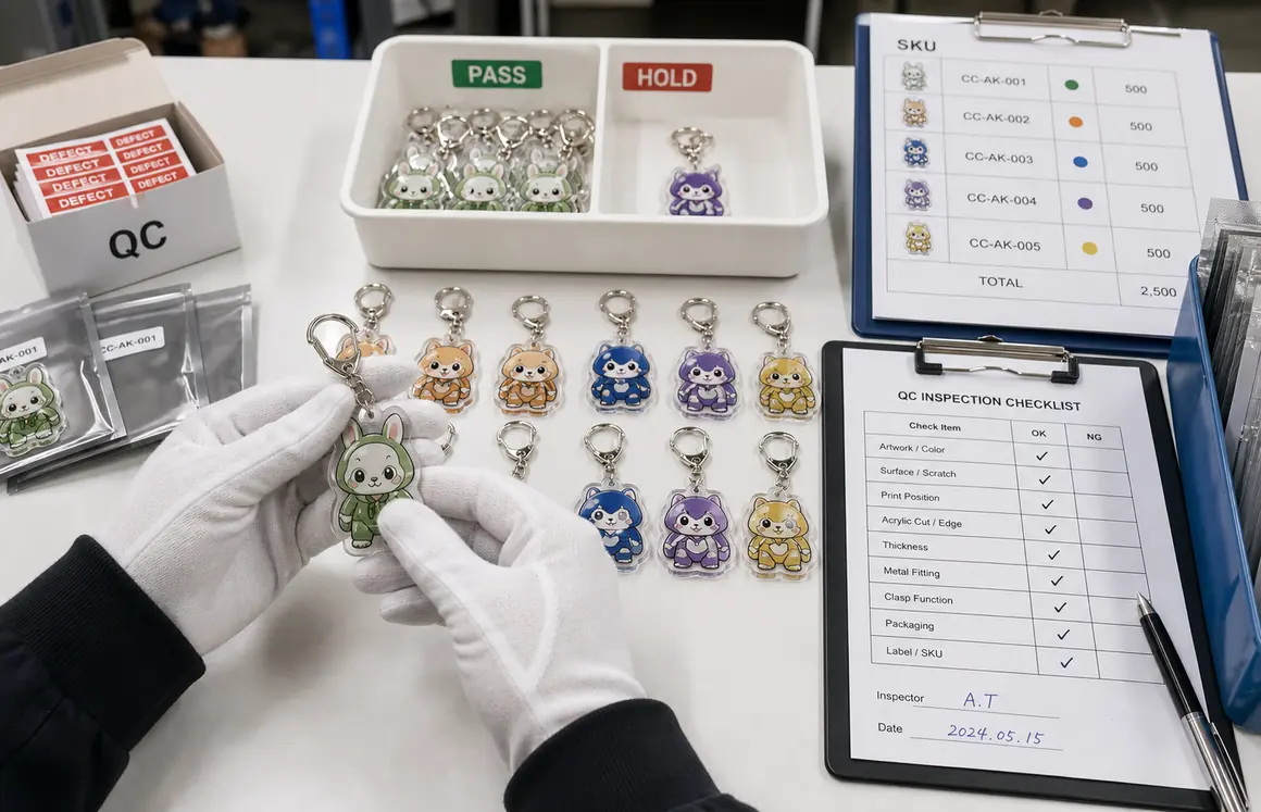 アクリルキーホルダーの外観、金具、SKU、封入状態を検品する作業イメージ