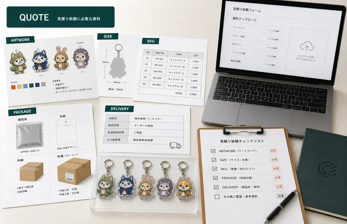 アクリルキーホルダーOEM見積りに必要なデザイン、サイズ、SKU、包装、納品条件の資料