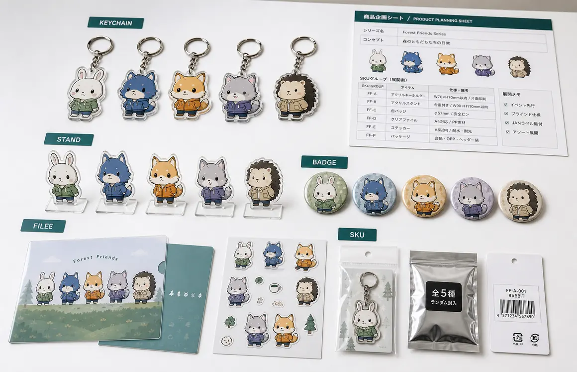 アクリルキーホルダー、アクリルスタンド、缶バッジ、クリアファイルを同じキャラクターシリーズで展開する企画イメージ
