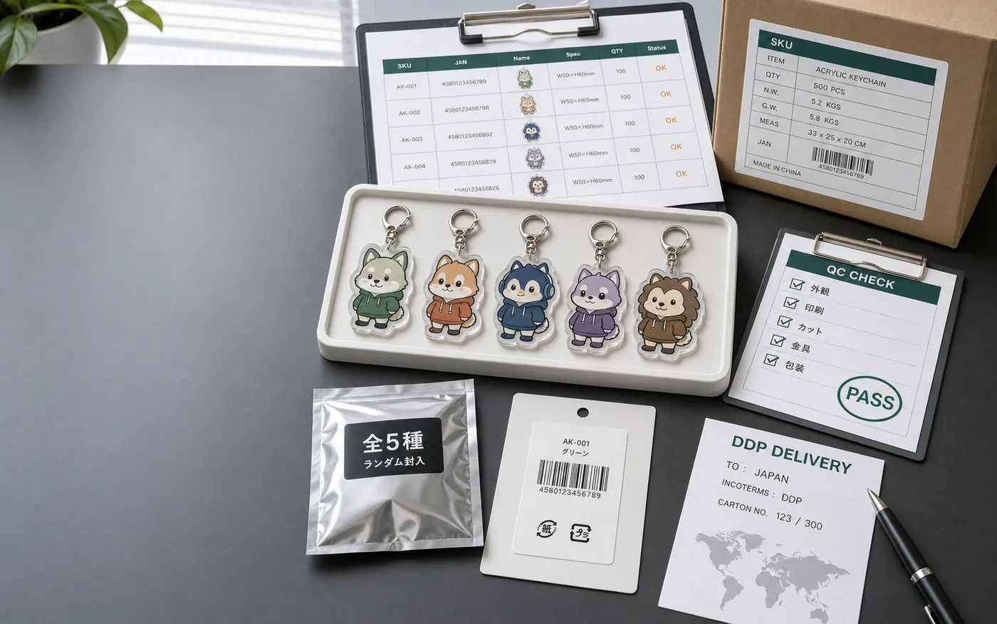 推し活グッズ向けアクリルキーホルダーOEMの多SKU管理、ブラインド包装、JANラベル、検品、DDP納品イメージ