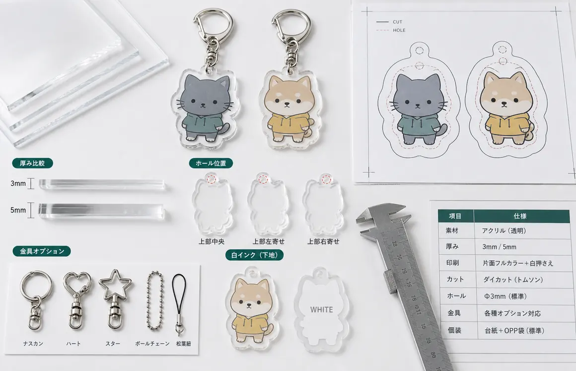 アクリルキーホルダーOEMの厚み、白版、カットライン、金具を確認する仕様サンプル