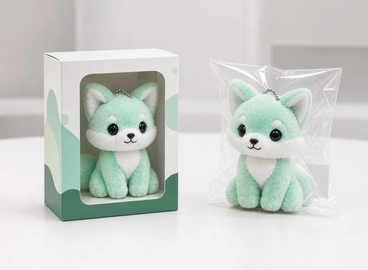 same plush charm compared in a color window box and a simple individual OPP bag same plush charm compared in a color window box and a simple individual OPP bag