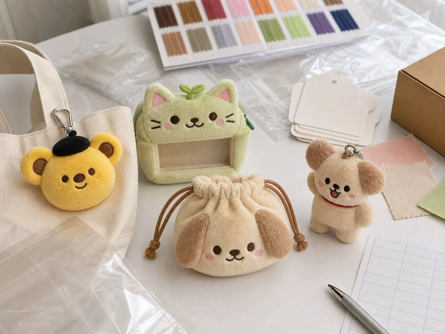 promotional plush backing cards OPP packaging logo tag and QC documents on a review desk