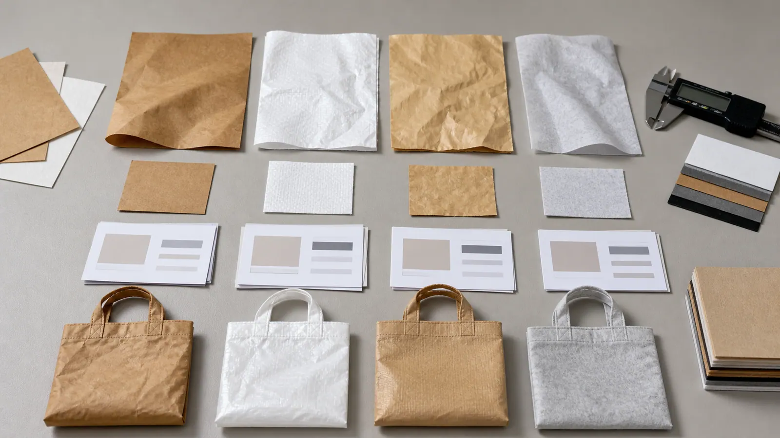 Material comparison samples for genuine Tyvek, paper-look HDPE, washable kraft, and nonwoven alternatives