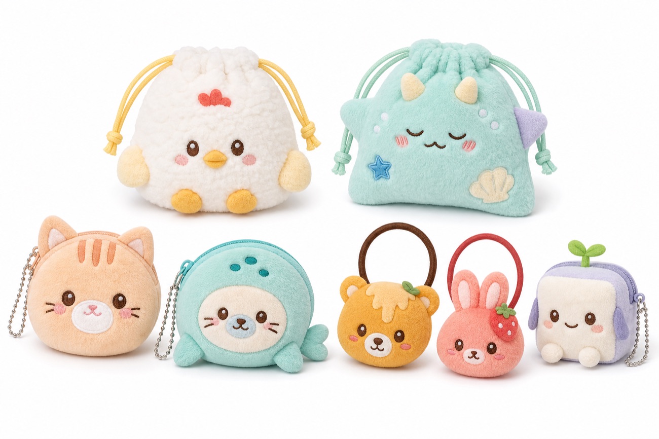 Prize lineup samples with plush pouches and drawstring accessories
