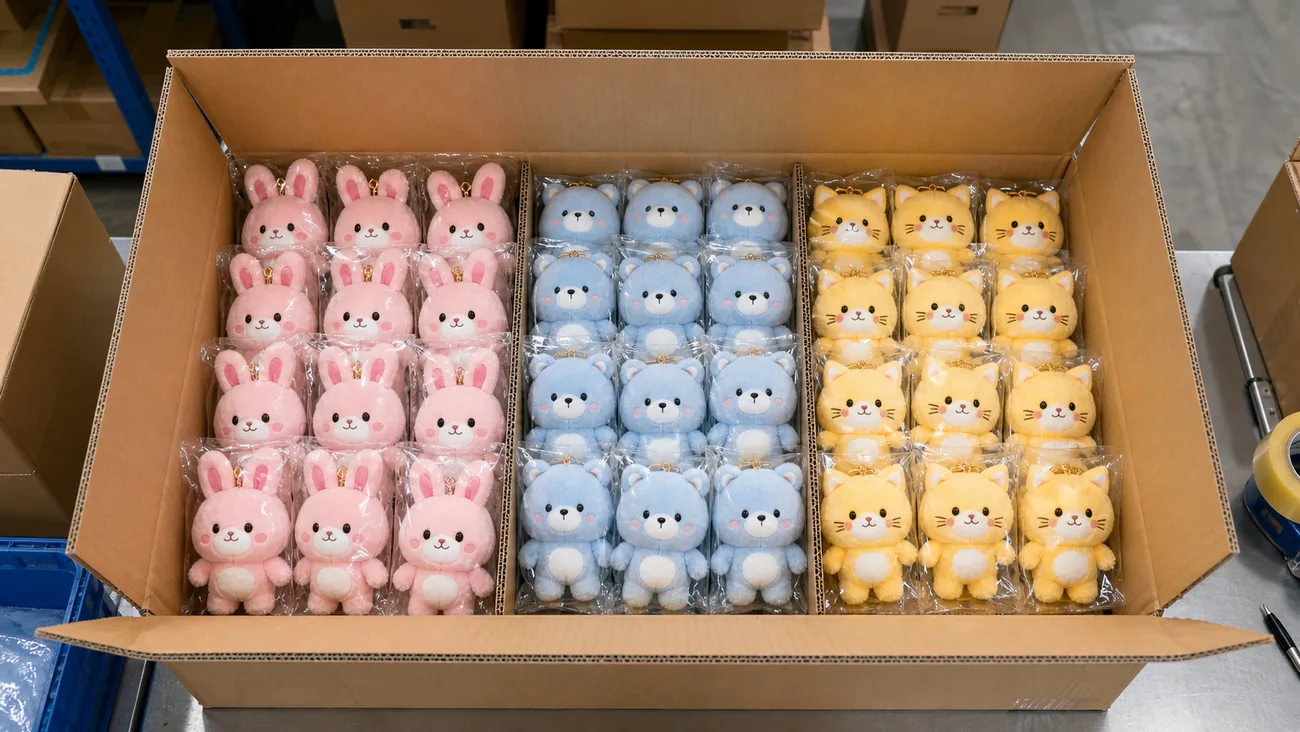 SKU別にOPP袋入りぬいぐるみを並べたカートン混載アソート納品