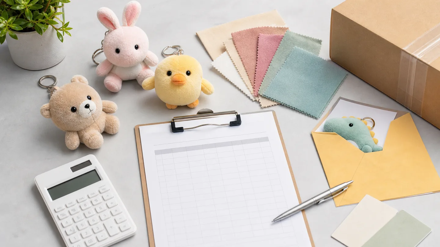 Plush OEM cost calculation setup with calculator, blank quote checklist, fabric swatches, samples, and packaging box