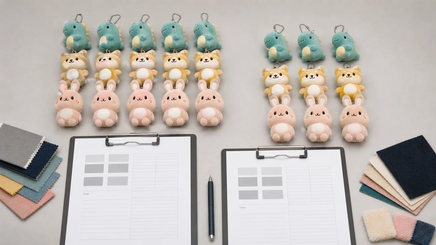 Plush OEM MOQ and unit price comparison table with grouped sample quantities, blank quote sheets, and fabric swatches