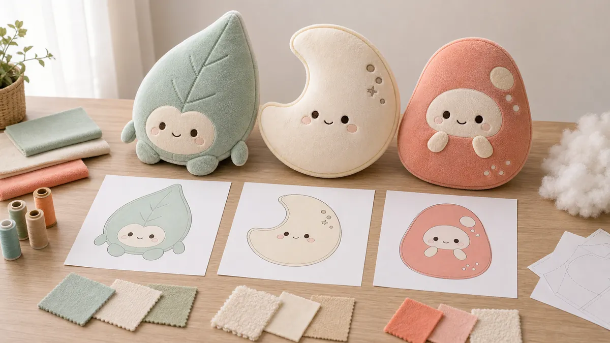 デザイン画からダイカットぬいぐるみクッションへ展開するOEMサンプル