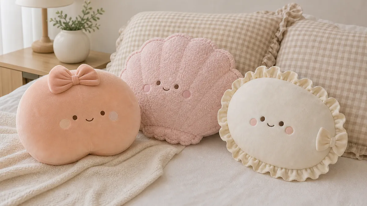 リボンとフリル付き丸型ぬいぐるみクッションのOEMサンプル