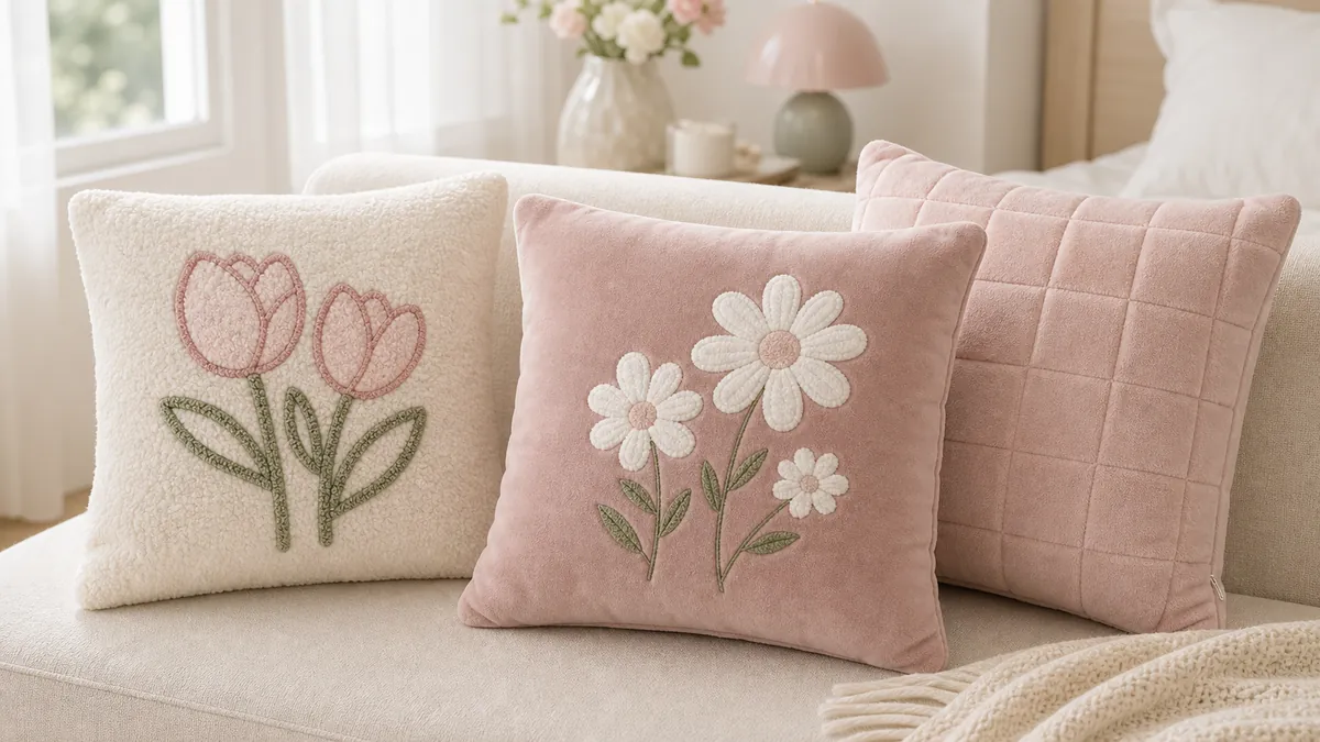 刺繍入り方形ボアクッションのOEMサンプル