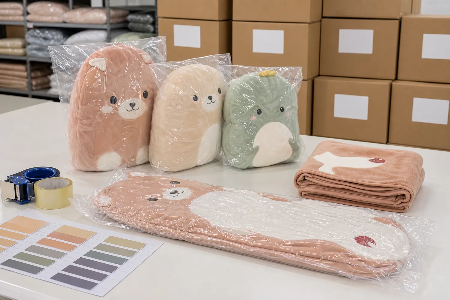 ぬいぐるみクッションの個包装・OPP・カートン管理イメージ