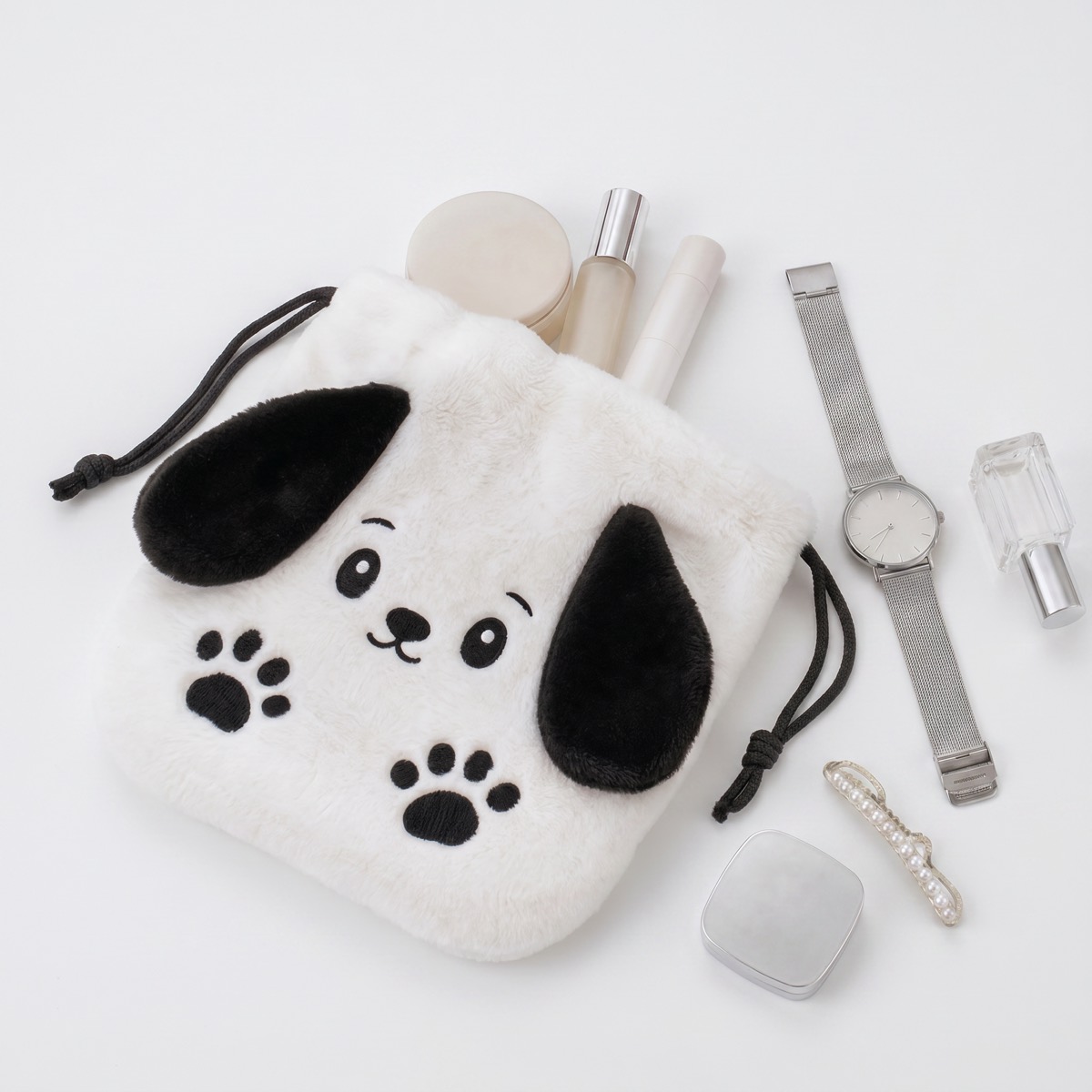 Dog plush drawstring pouch used with cosmetics and accessories