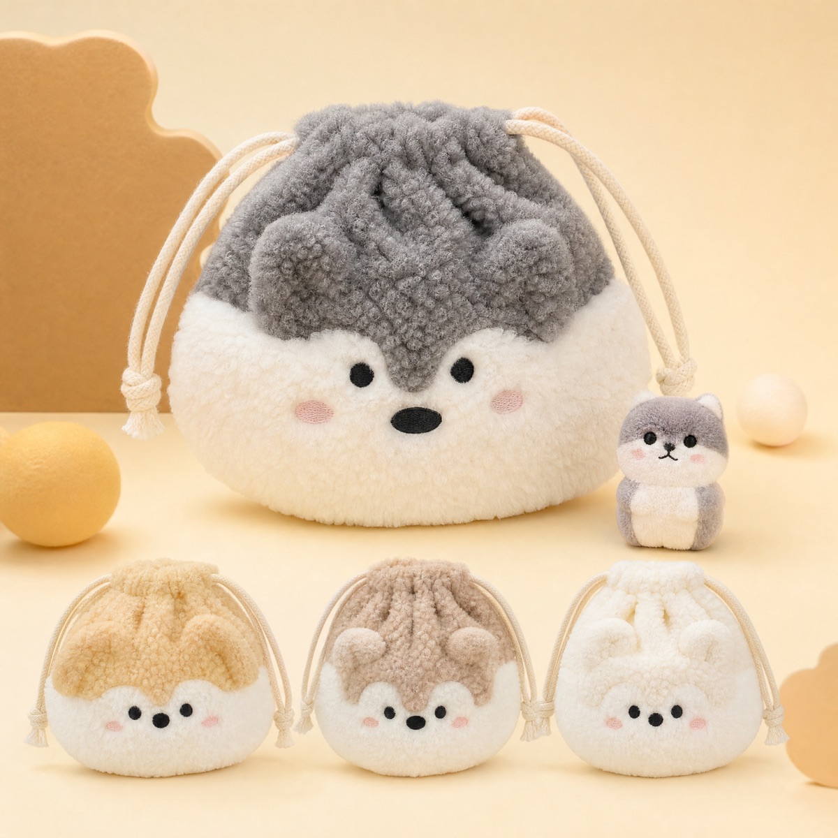 Color-variation animal-face plush drawstring bag samples for blind sales and SKU control