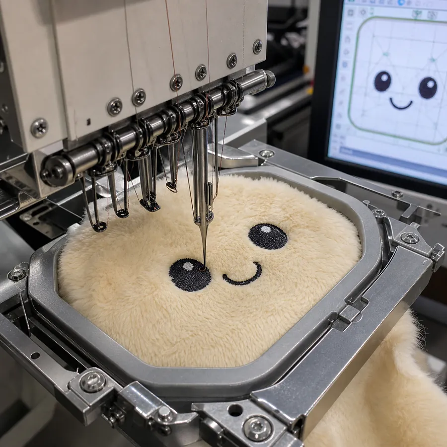 ぬいぐるみ表情修正後の刺繍テスト打ち 工業用刺繍機でボア生地にぬいぐるみの目と口をテストステッチする工程