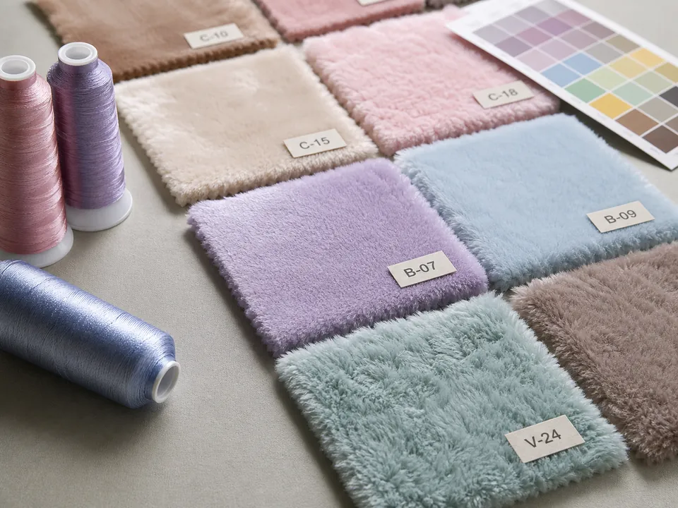 ぬいぐるみ生地と刺繍糸の品番別カラー承認 品番付きぬいぐるみ生地スワッチと刺繍糸を現物で色照合