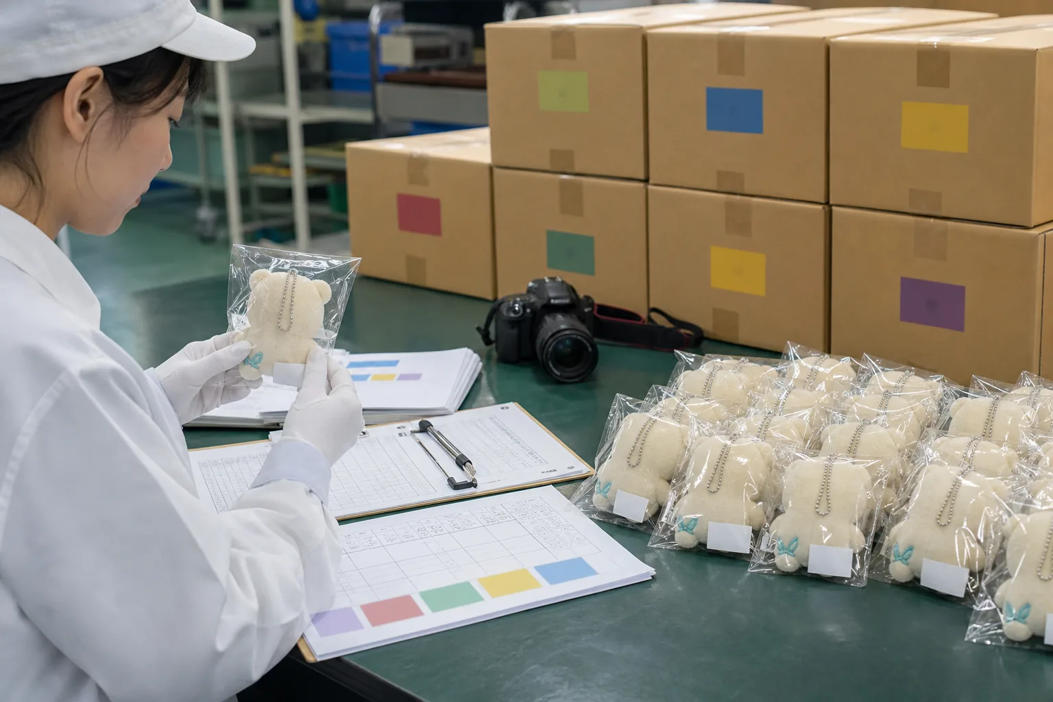 Finished plush hardware inspection records matched to SKU quantity and shipment cartons