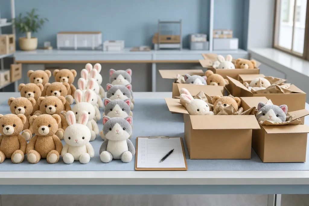 ぬいぐるみの全数検品とAQL抜取検品を比較する品質管理テーブル