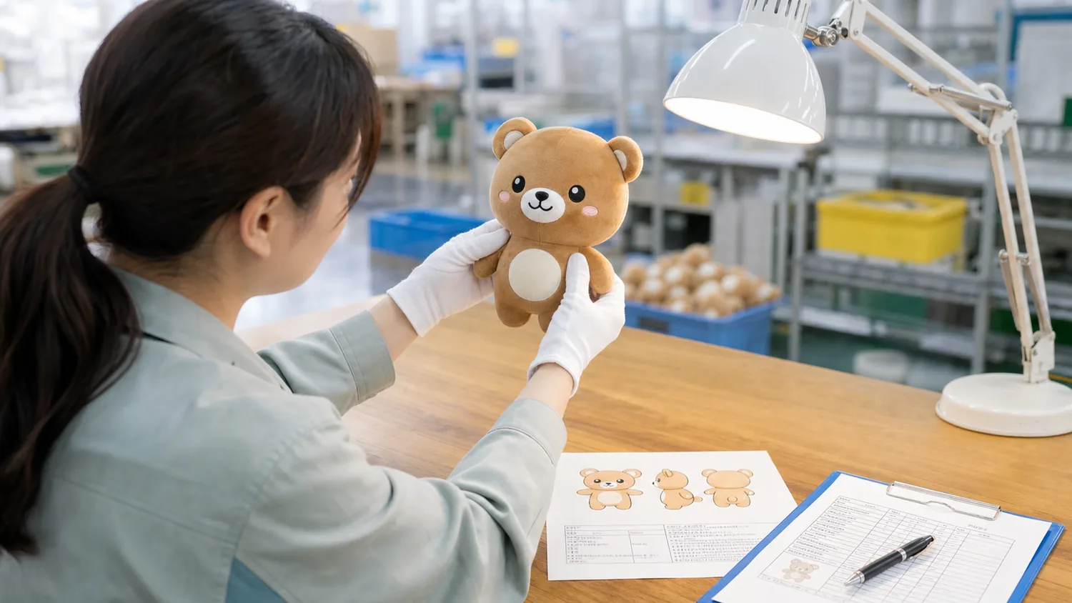 仕様書を見ながらぬいぐるみの外観と左右対称性を確認する検品工程