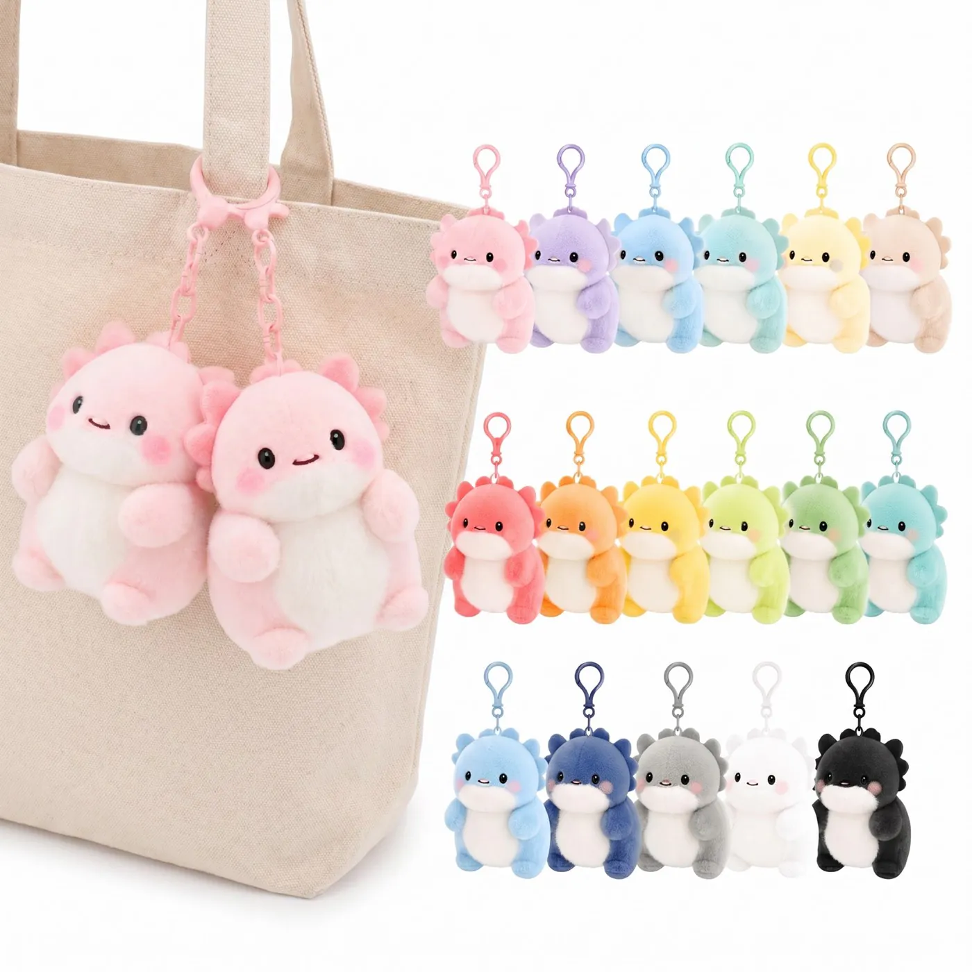 色付きプラスチックフックで統一したぬいぐるみバッグチャームの多色展開