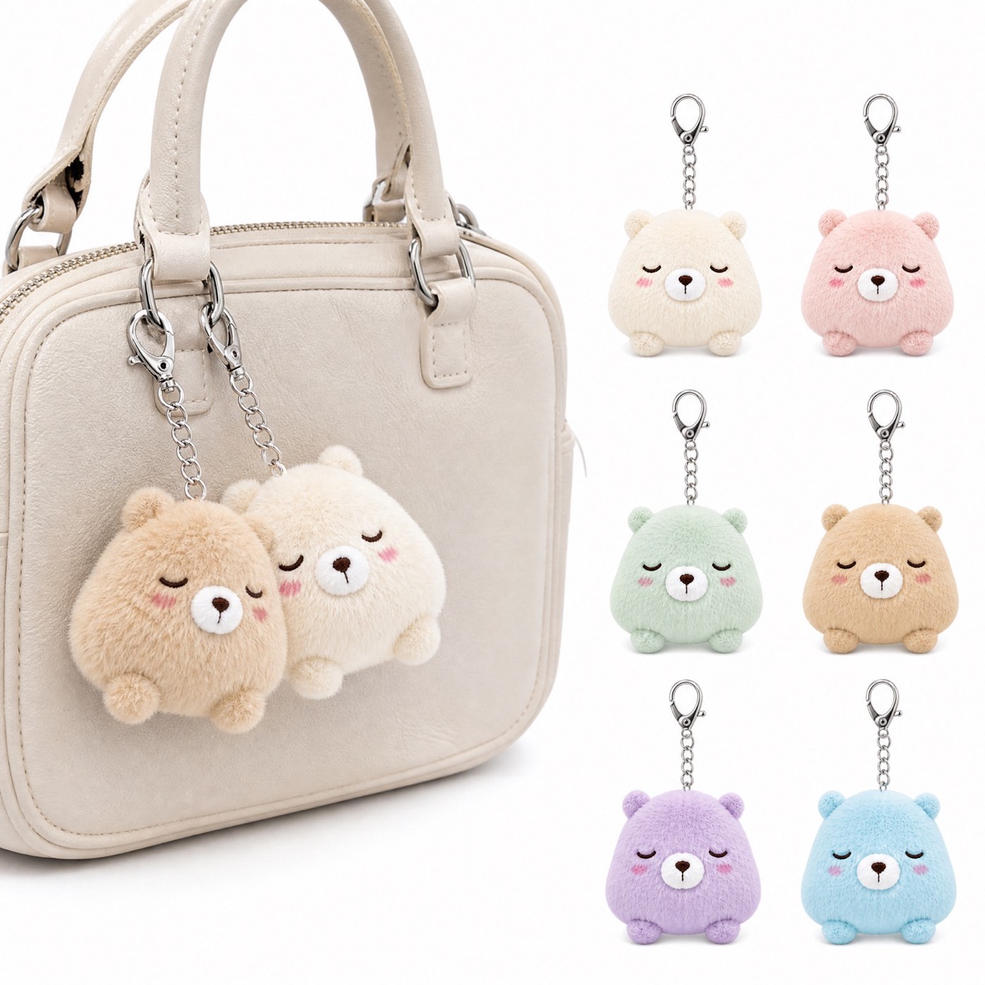 Round plush bag charm attached to a bag with silver lobster clasp
