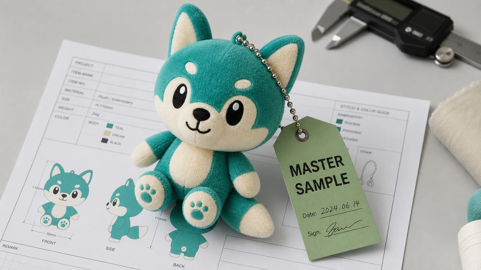 ぬいぐるみOEMのMASTER SAMPLE量産承認 MASTER SAMPLE署名タグ付きぬいぐるみキーホルダーの量産承認品
